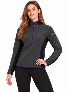 Columbia Womens S Gray Black Purple Colorblock Half Zip Fleece Hiking Pullover